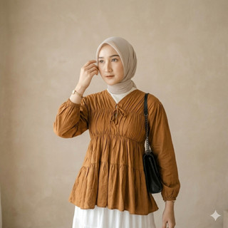 Mireya Blouse Bahan Rayon Twill Wanita Premium | Model Kerut Dada Stylish Modern | Simple Elegan
