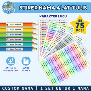 Stiker Nama Anak Custom Anti Air Sticker Pensil Alat Tulis Sekolah TK SD Karakter Lucu Azzura Kids [Isi 75 Pcs]