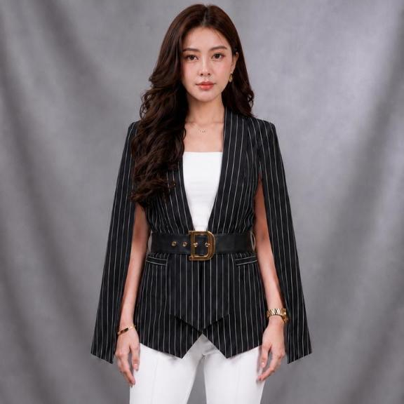 Vianfashion 8117 Blazer Cape Strip Scuba Premium แฟชั่นเกาหลี Blazer (ไม่มีเข็มขัด) ผู้หญิง Cape Bla