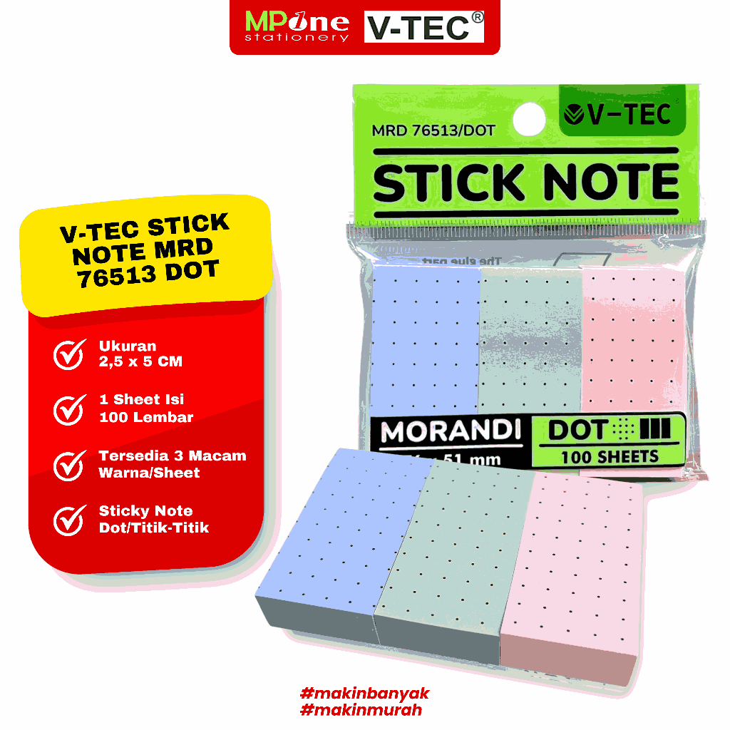 V-Tec Sticky Note MRD 76513 DOT 76 x 51 มม./ Small Sticky Notes Stick 3 สีเนื้อหา 100 แผ่น V-TEC