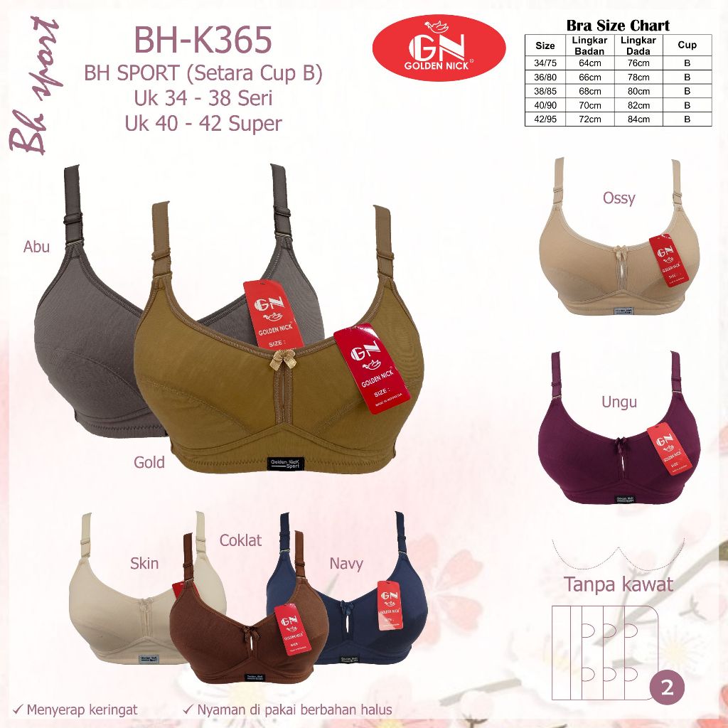 3 BRA GOLDEN NICK K 365 - SPORT BRA - BH GN WIRELESS - ถ้วยขนาดกลาง - SIZE 34-42