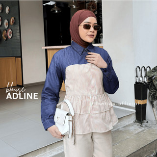 Cantiqu Blouse Softjeans Mix Salur Adline Atasan Wanita Ruffle Twotone Lengan Panjang