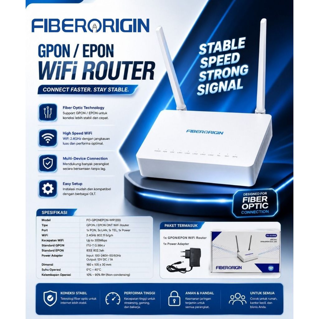 FIBERORIGIN FR-003RX8 XPON ONU รองรับ EPON & GPON ONT 1GE 3FE 2.4G WIFI FIBER ORIGIN XPON ONT 2 Upli
