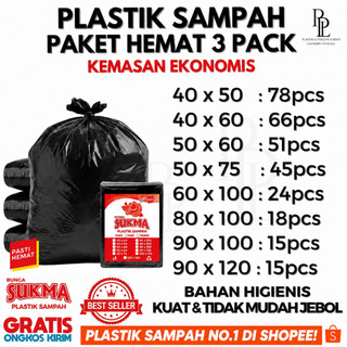 PLASTIK SAMPAH PAKET HEMAT ISI 3 PACK  | Kantong Plastik Sampah Besar Hitam Kemasan Ekonomis | Plastik Packing Hitam Besar  3 PACK.Uk  | 40 X 50 | 40 X 60 | 50 X 60 | 50 X 75 | 60 X 100 | 80 X 100 | 90 X 100 | 90 X 120 by SUKMA -ppl.official .
