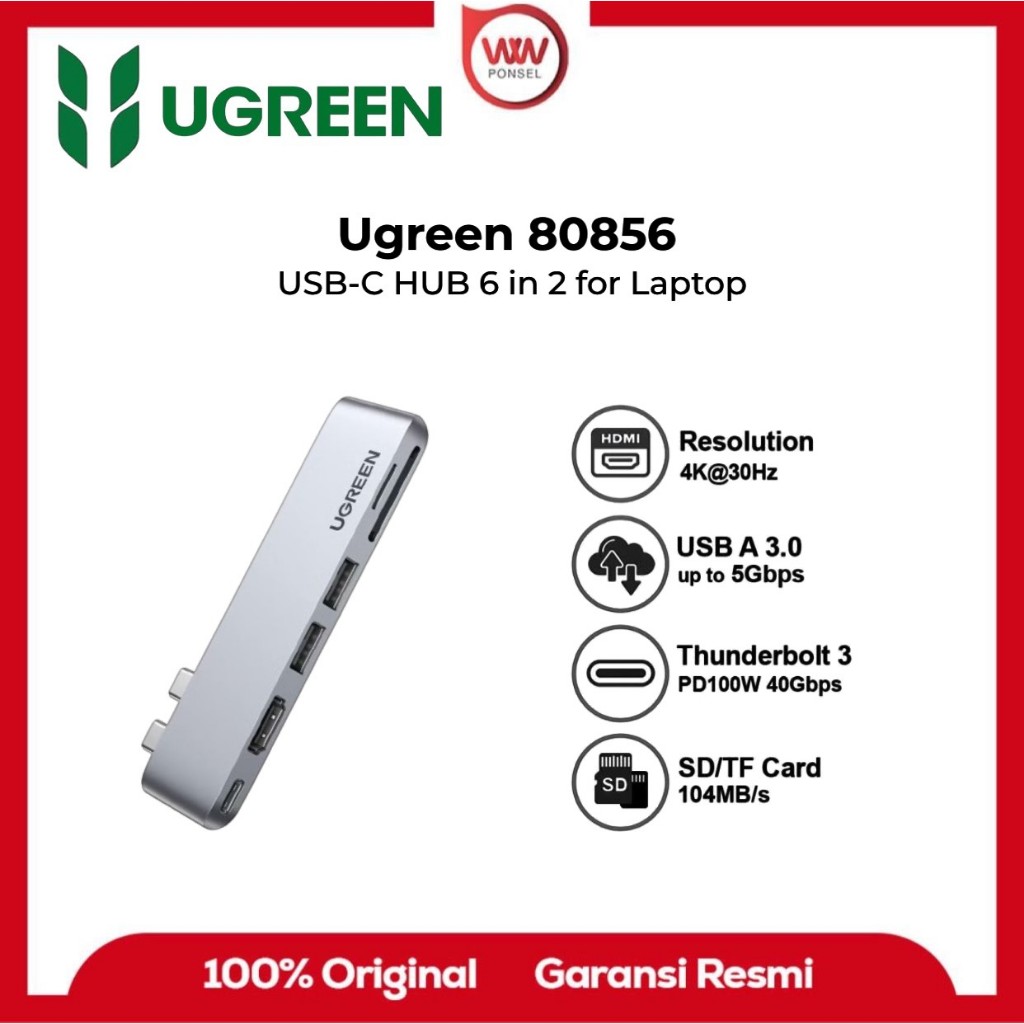 UGREEN 80856 HUB Macbook 6 In 2 Multiport Thunderbolt USB 3.0 การ์ด HDMI SD TF