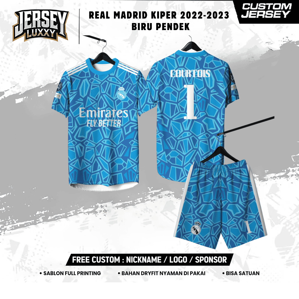 REAL MARDID GOALKEEPER JERSEY 22-23 สีฟ้าสั้นฟรี CUSTOM สําหรับเด็กและผู้ใหญ่