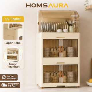 Homsaura Rak Piring Plastik Tertutup Jumbo Rak Mangkok Dapur Rak Pengering Piring Tingkat Anti Debu