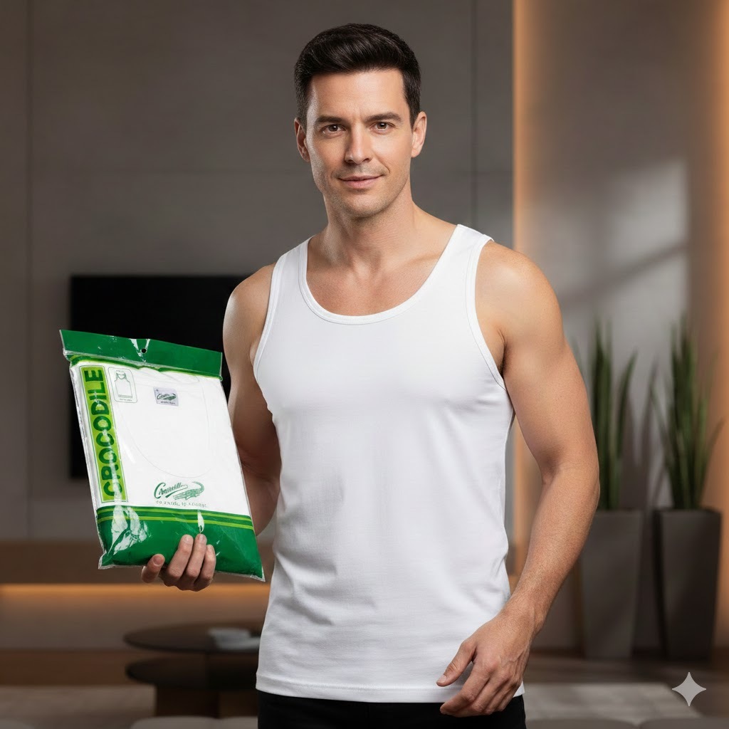 KEMEJA KATUN (6 ชิ้น) เสื้อกล้ามจระเข้สีขาวล้วน 808 เสื้อสายเดี่ยวผู้ชาย รุ่น Sizes S, M, L, XL || เ