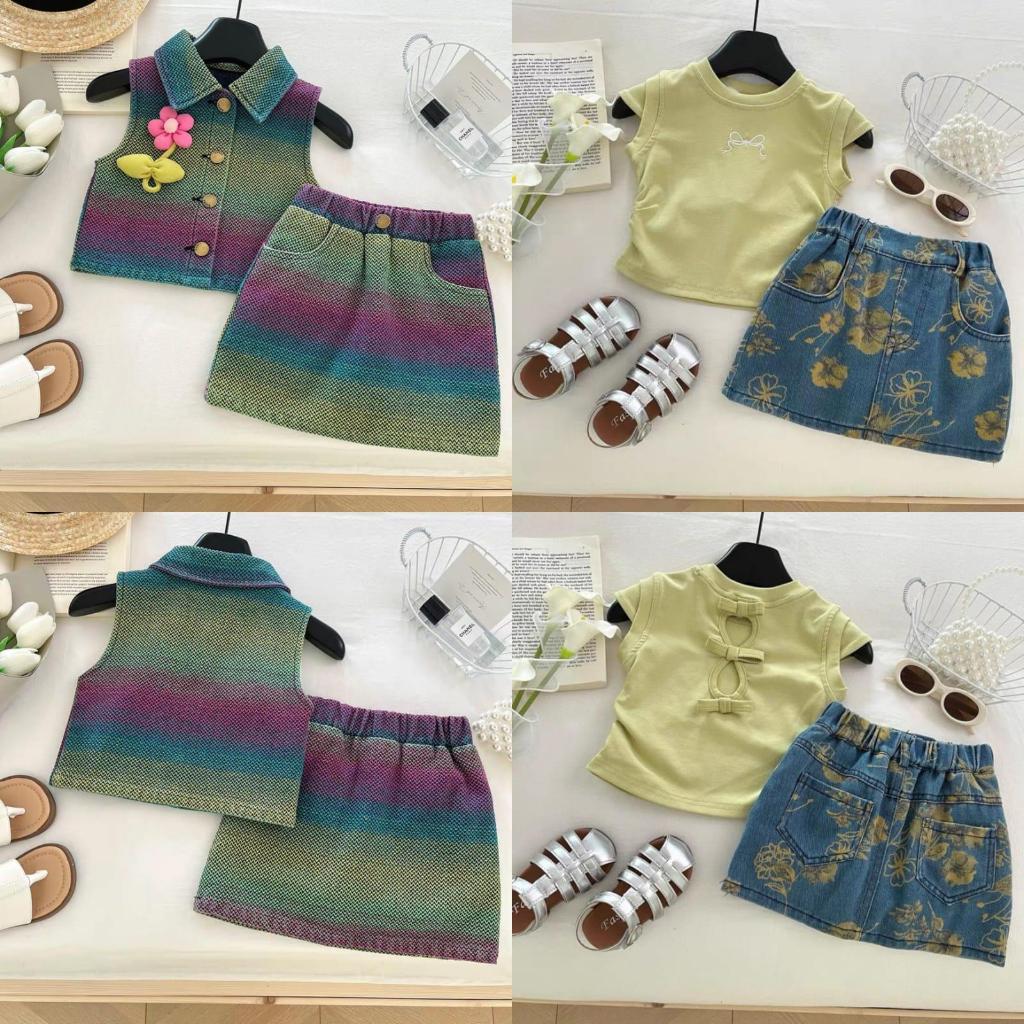 [KIDSWONDERLAND] 2089 & 2084 Karina Korean Look Set - Sage Green Rib T-Shirt & Premium Lily Floral D