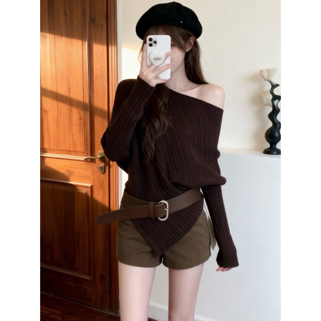 พร้อมส่ง - Windy off Shoulder Top เสื้อสไตล์เกาหลี เสื้อสเวตเตอร์ถักผู้หญิง - SEOULCHIC.id