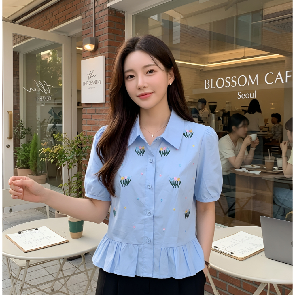 [COTTON BELLS] เสื้อ HA-EUN | FASHION WOMENS SHORT-SLEEVED CROP SHIRT / BLOUSE | PREMIUM KOREAN CASU