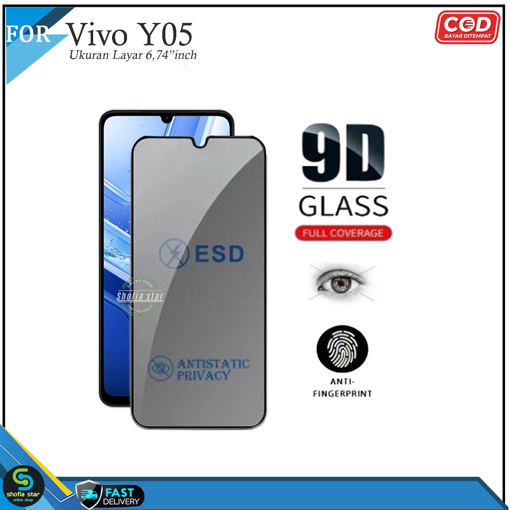 LAYAR กระจกนิรภัย Esd Spy Anti Static Vivo Y05 YO4 เต็มหน้าจอ