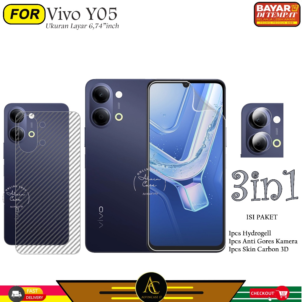 LAYAR 3IN1 PACKAGE ป้องกันรอยขีดข่วน Hydrogel Clear Vivo Y05 YO4 ตัวป้องกันหน้าจอแบบเต็ม