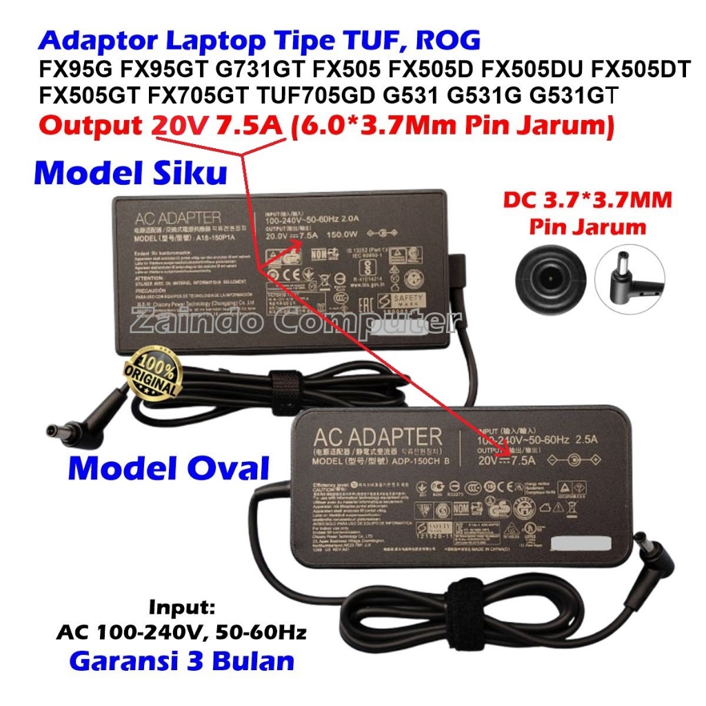 ASUS ROG 20V 7.5A (6.0*3.7MM) 150W GAMING TUF 505G TUF FX505DT ROG FX505DT G531GT GL731GT G731GW GL5