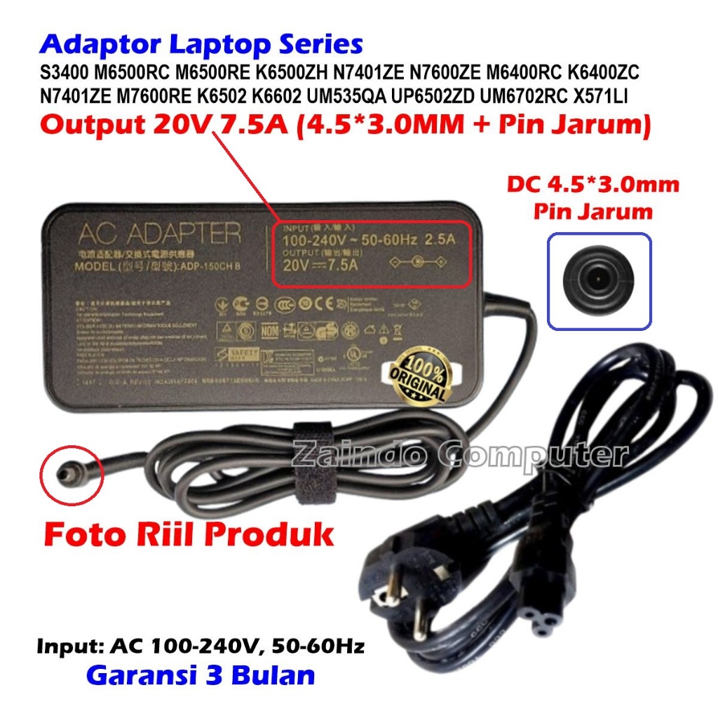 ASUS VIVOBOOK ADAPTER 20V 7.5A 4.5x3.0 มม.เข็ม PIN OLED N7401ZE N7600ZE M6400RC K6400ZC K6502 K6502Z