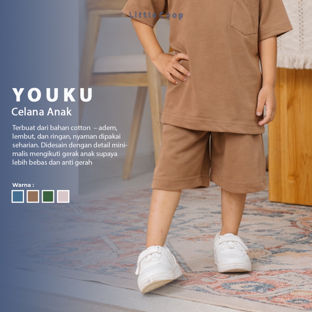 Little Coop - Youku กางเกงขาสั้นผ้าฝ้ายธรรมดา Unisex สําหรับเด็ก [2 - 9 ปี]
