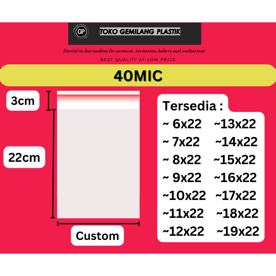 40MIC (THICK) พลาสติกขนมปัง OPP / อุปกรณ์พลาสติก / 6x22 / 7x22 / 8x22 / 9x22 / 10x22 / 11x22 / 12x22