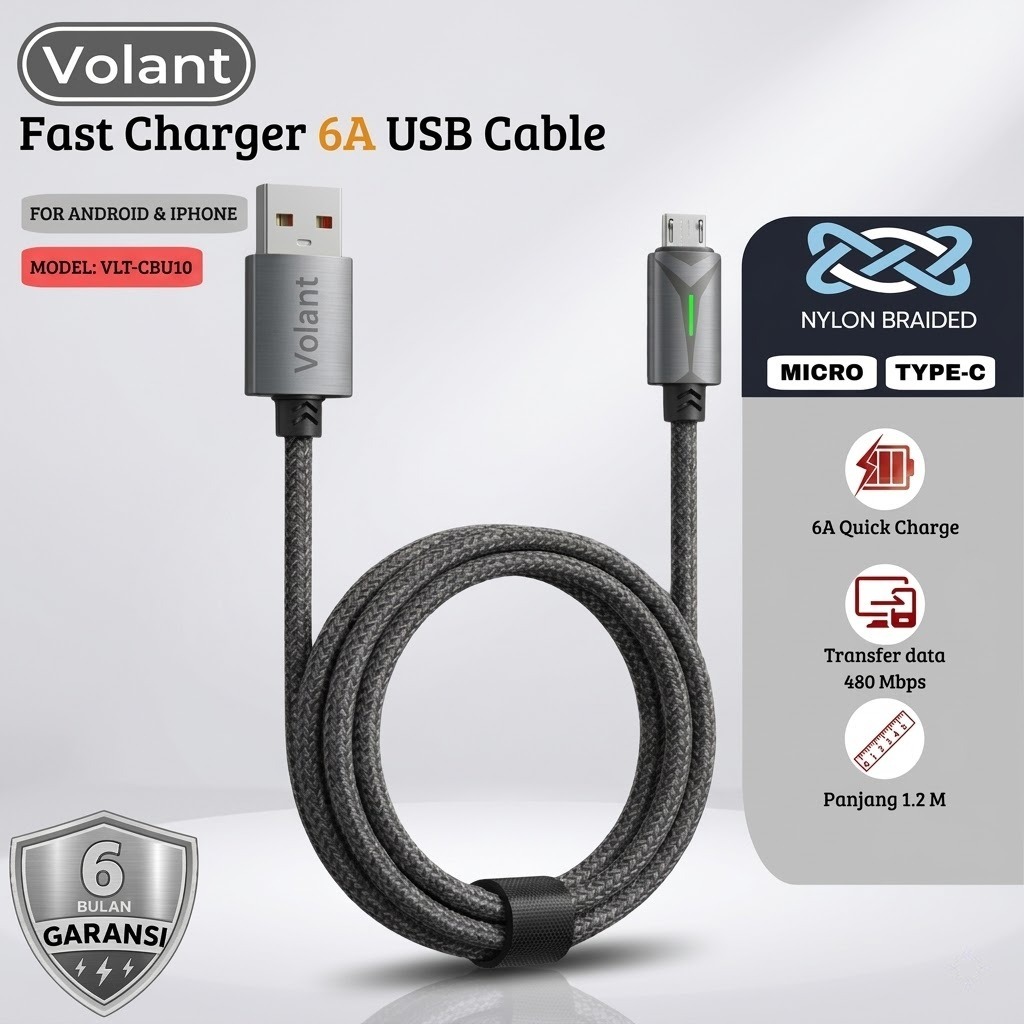 VOLANT Fast สายชาร์จข้อมูล 6A Micro TYPE C สายชาร์จ Anti-Tangle USB to C 1.2M VLT-CBU10 สายเคเบิลข้อ