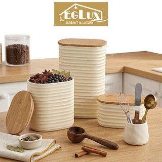 EGLUX Set Toples Plastik penyimpanan oval minimalis 3PCS/SET dengan tutup bambu