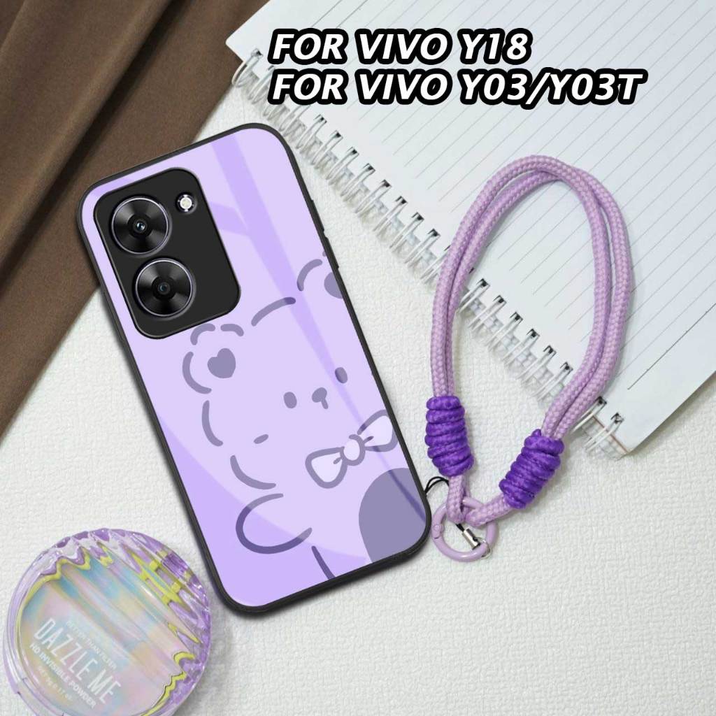 สําหรับ VIVO Y18 [M394] SOFTCASE GLASS WITH BONI LILAC STRAP สําหรับ VIVO Y03/Y03T AESTTHETIC LILAC 