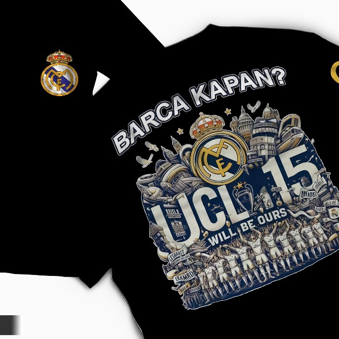 BARCA KAPAN DISTRO เสื้อยืด REAL MADRID 15 UCL เสื้อยืดพร้อมคําฟุตบอลสําหรับผู้ชายและผู้หญิง