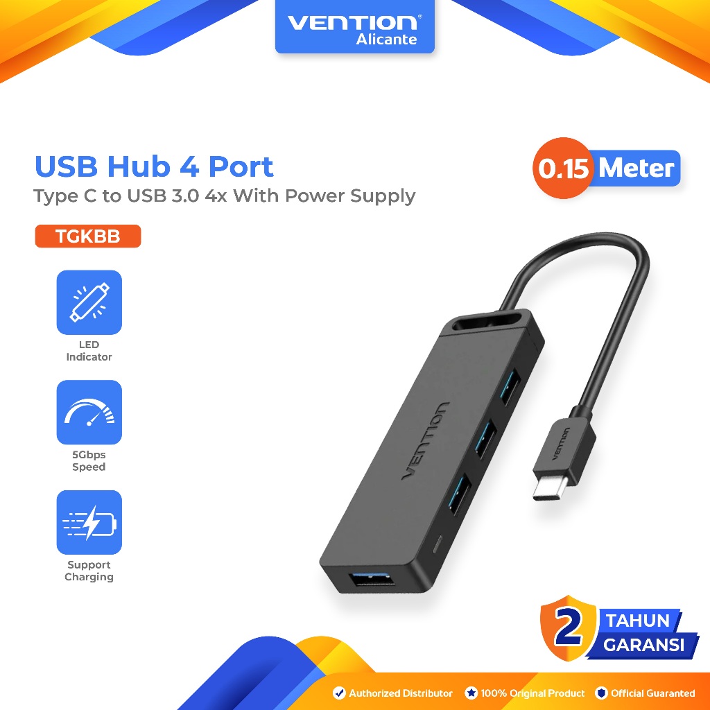 Vention USB Hub 4 Port Type C to USB 3.0 4x พร้อมแหล่งจ่ายไฟ USB HUB ABS Type 15Cm 0.15M - TGKBB