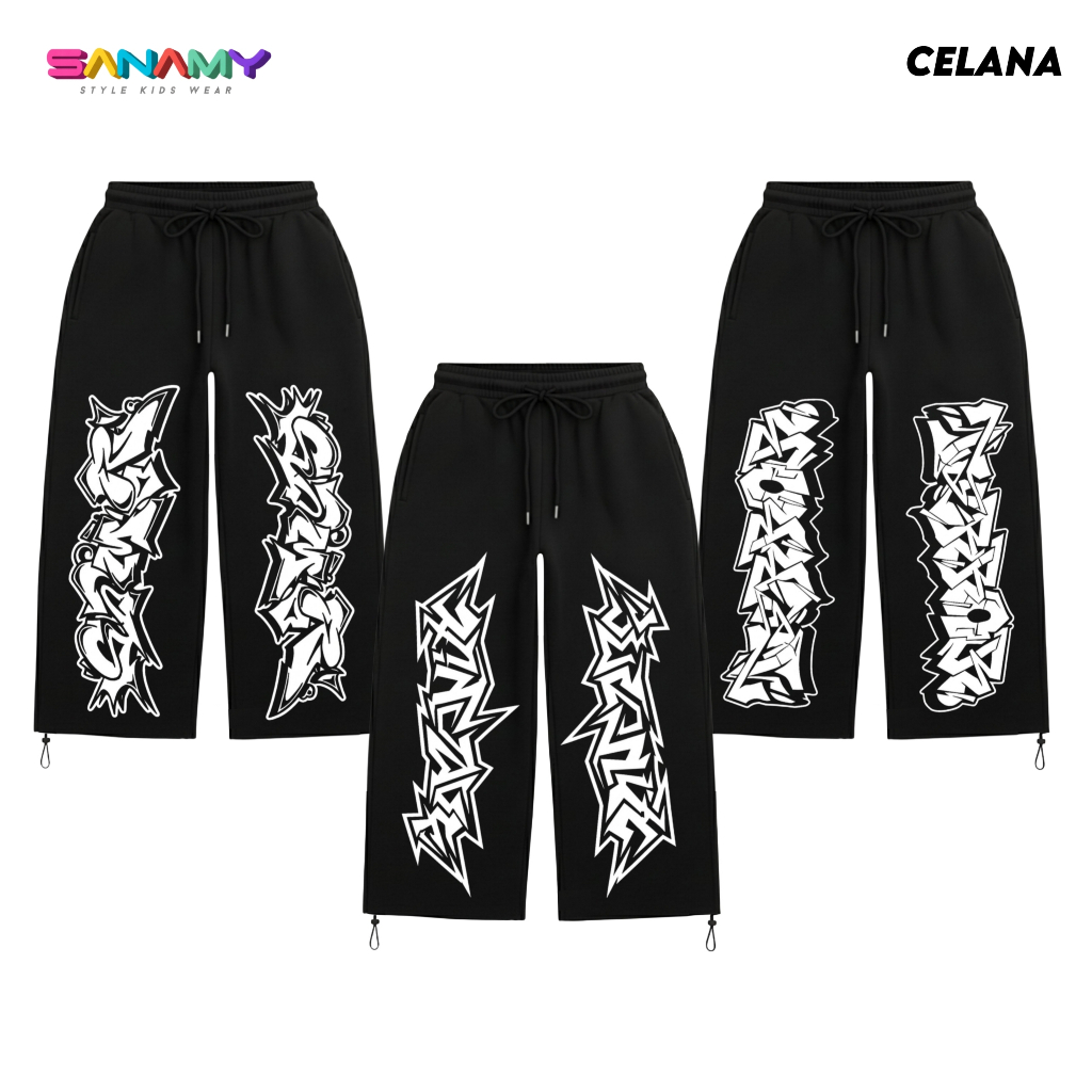 SANAMY Skena Style Baggy Pants สําหรับเด็กสีดําอายุ 7-12 ปีวัสดุขนแกะ CSKA-006