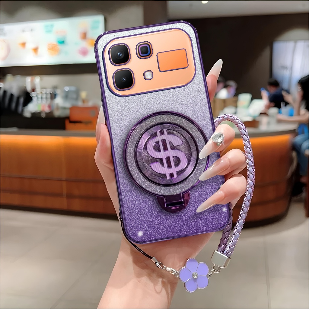Softcase Infinix Note 60 / 60 Pro / Note Edge 5G Glitter Dollar Ring Holder Free Flower Strap Handph