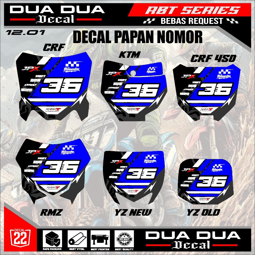สติ๊กเกอร์แผ่นหมายเลขสติ๊กเกอร์ rbt crf150l,ktm 85,yz old,yz ใหม่, RMZ, crf 250, crf450 หมายเลขขอฟรี