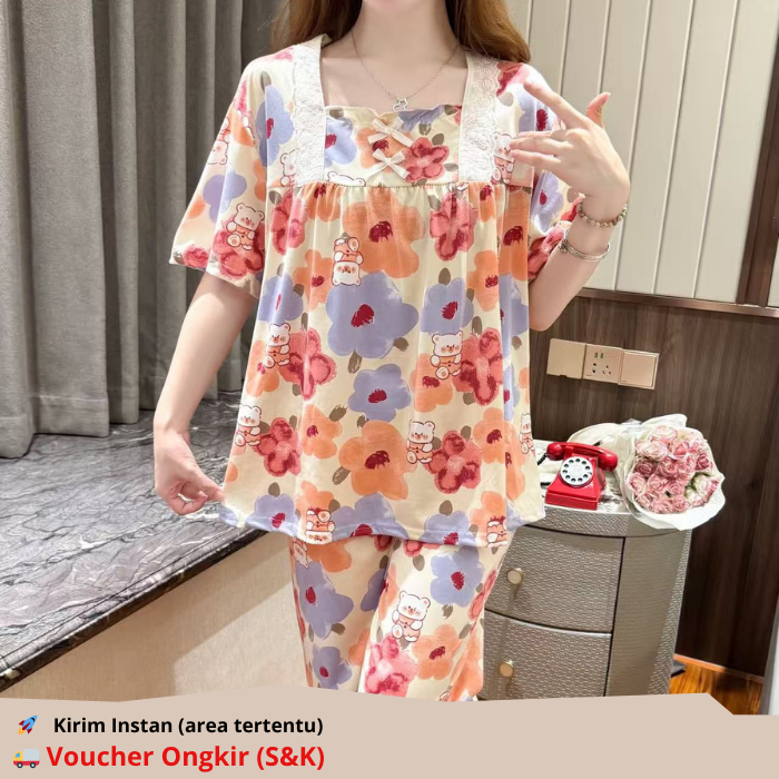 ชุดนอนแขนสั้นลาย LEISURE WEAR Motif เสื้อยืดสแปนเด็กซ์นําเข้า / ชุดนอนสตรี XL-XXL