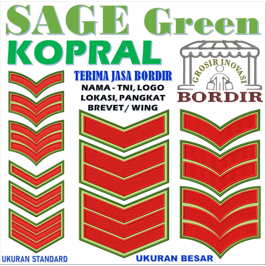 3 RANK KOPDA KOPTU KOPKA PDL SAGE สีเขียวต่อ MIKA TNI AD OMBROIDERY PATCH EMBROIDERY GIB