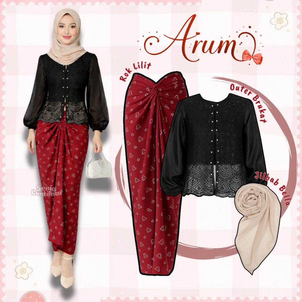 One Set 3in1 คําเชิญงานแต่งงาน (Outer Arum Crop Black Brocade Maroon Wrap กระโปรงบิสกิต Hijab) - SC0