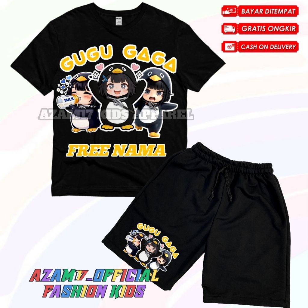 Gugu Gaga Penguin ชุดเสื้อยืดและกางเกงขาสั้นเด็กน่ารักชื่อฟรี / Gugu Gaga Cute Penguin Kids Boardshorts Set