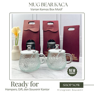 Souvenir Wedding/Ulang Tahun Gelas Mug Kaca Beruang 250ml/ 350ml Kemas Box Ivory/ Dus Bawaan/ Mika Motif/Box Rainbow