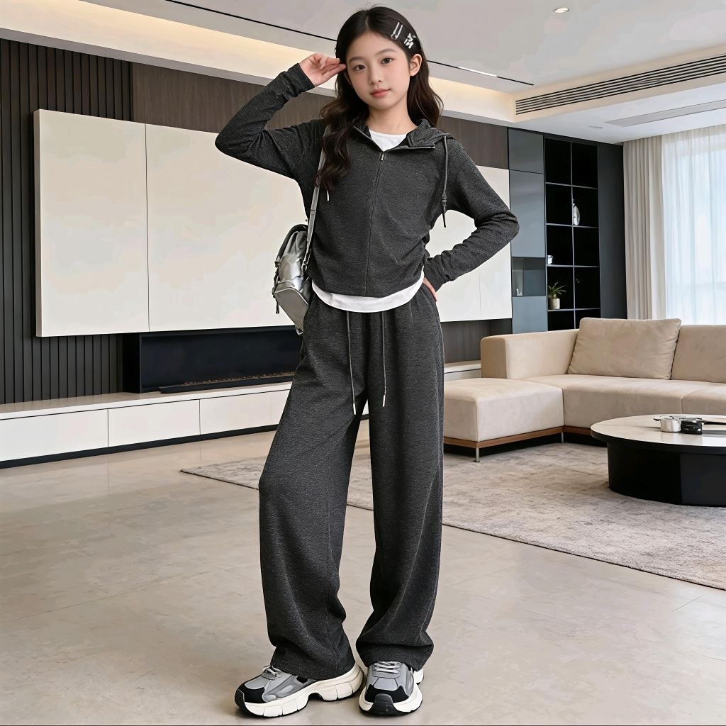 HG-075 Imported GIRLS LONG SHIRT SET AGES 7-12 YEARS LONG-SLEEVED KNIT HOODIE TOP SET NOT 3IN1 LONG 