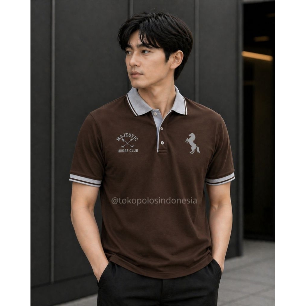 MENS POLO ปกสีน้ําตาลMUDA Elegant Grey Collar – เสื้อเชิ้ตคอปกผู้ชายระดับพรีเมียม Majestic Horse Clu