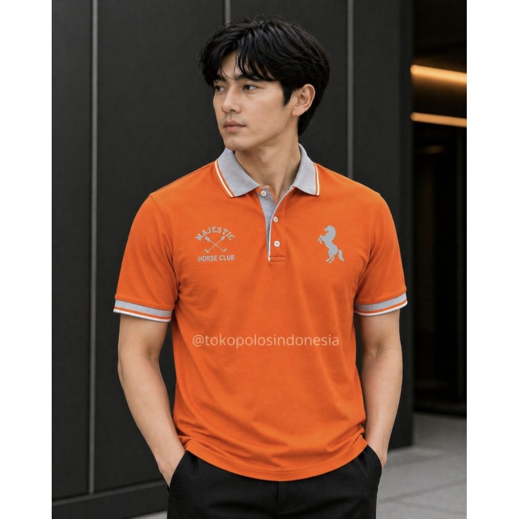MENS POLO ปกสีเทาสีส้ม MUDA ปกสีเทาหรูหรา – เสื้อคอปกผู้ชายพรีเมี่ยม Majestic Horse Clubเสื้อโปโลผู้