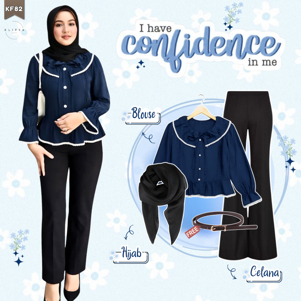 One Set 3 in 1 (Blouse + กางเกง Cutbray + Bella Square) ชุดสตรี Hijab Look Style Fashion - KF82