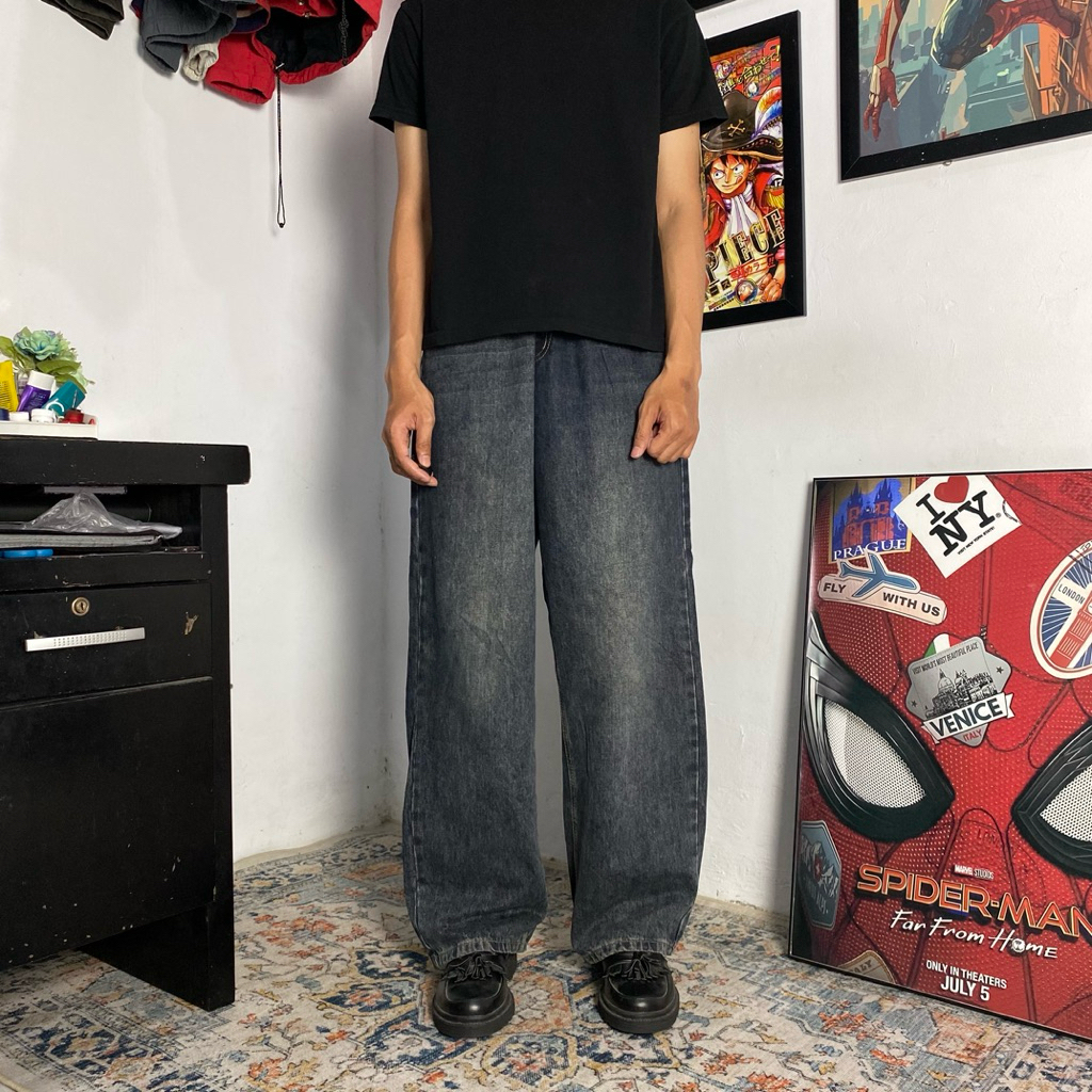 &DENIM BLUE WASH BAGGY JEANS