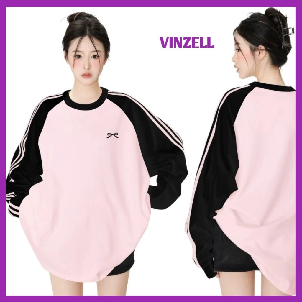 VINZELL - Womens Oversize Long Sleeve Raglan Pink Black T-Shirt with Coquette Ribbon Motif / Korean 