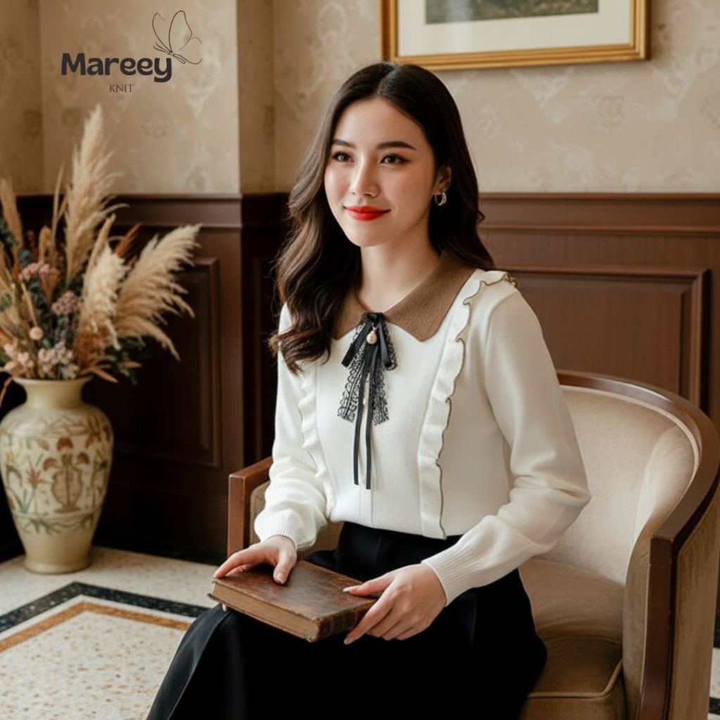 Mareey - Picea เสื้อท็อปสไตล์เกาหลีพร้อมคอปกผ้าถักระดับพรีเมียม (RCB)
