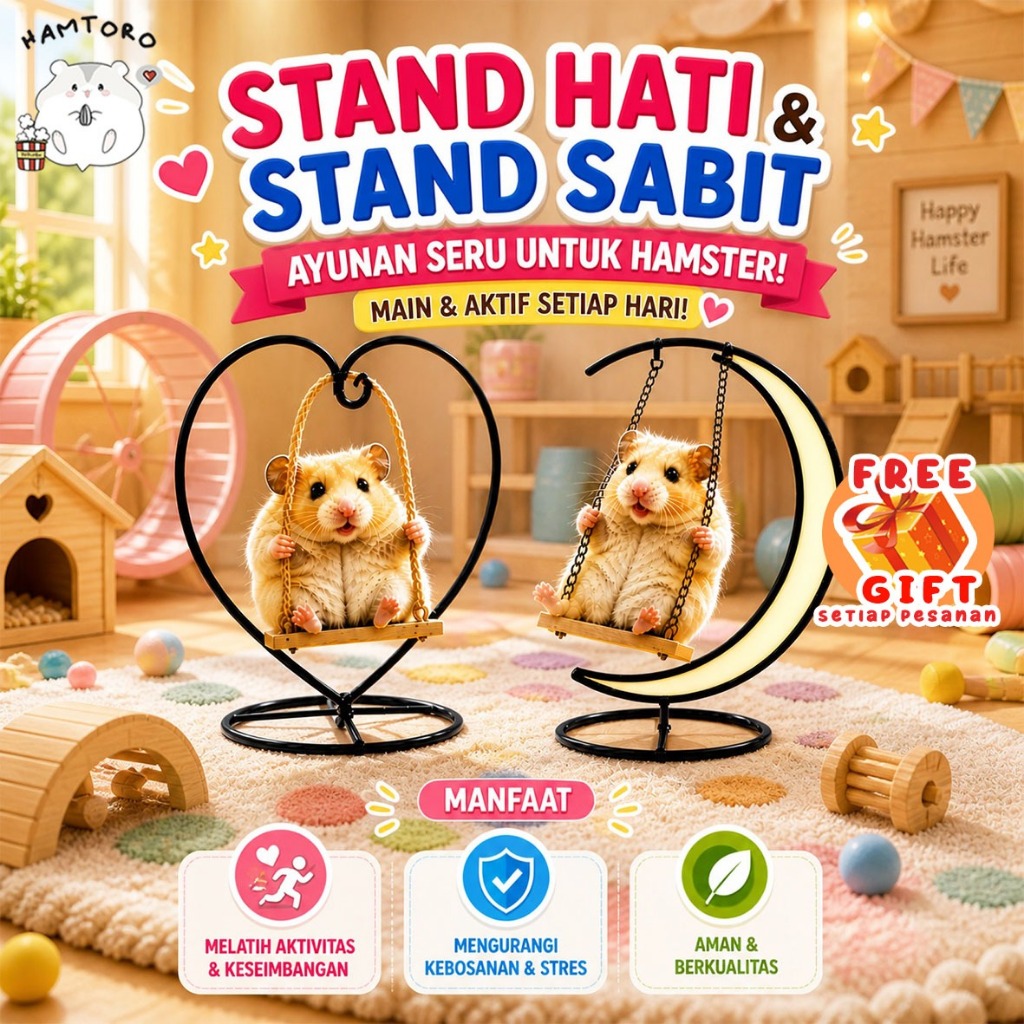 Hamtoro Heart & Crescent Stand - Premium Anti-Rust Hamster Swing Aesthetic Cage Toy Accessories
