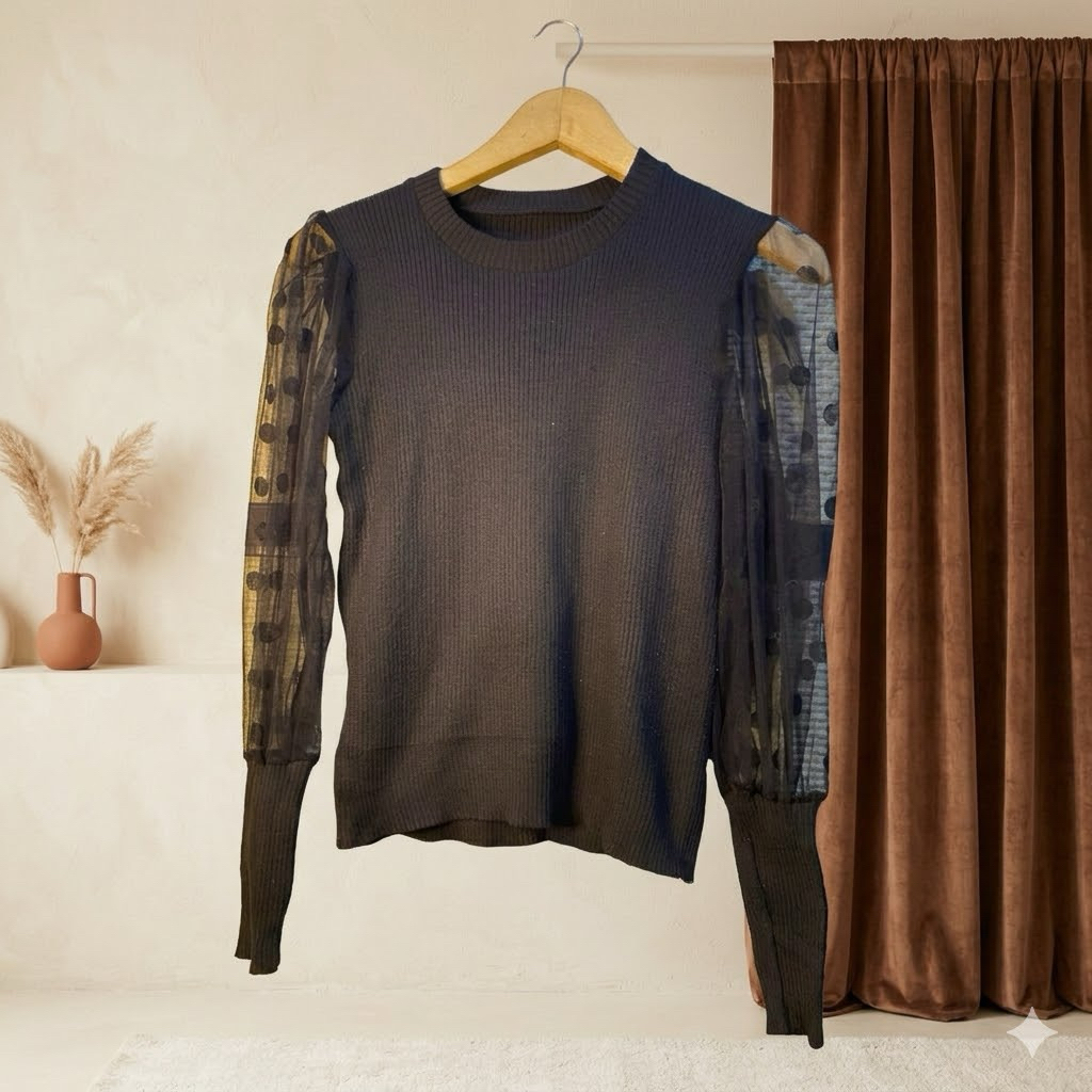 PL BLOUSE KNIT MIX TILE SLIM BALLOON SLEEVE ผู้หญิง BEAUTIFUL UNIQUE