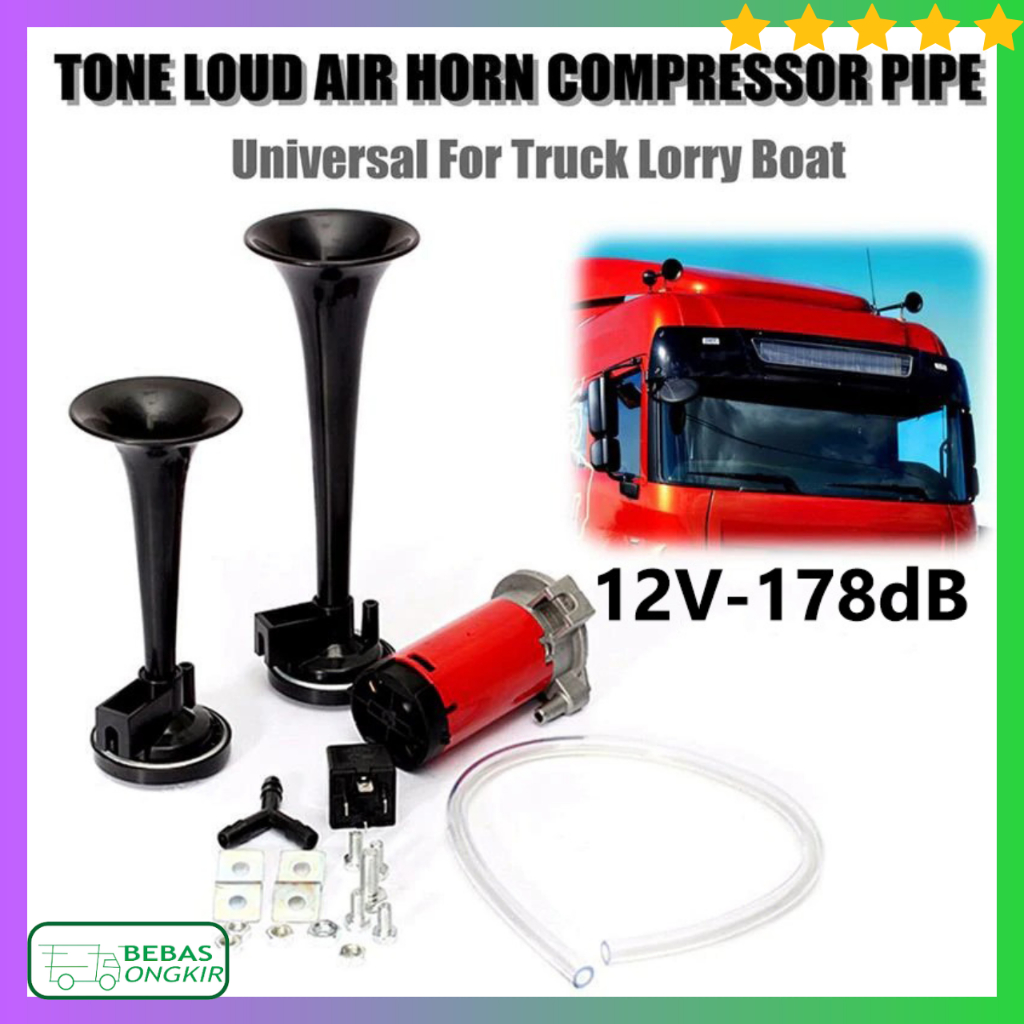 HEYVO รถรถจักรยานยนต์แตรแตรแตรลมคู่ 178dB 12V TZ-320 เสียงดังพร้อมขายึดและคอมเพรสเซอร์