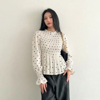 Mecloth - Blouse Polkadot Atasan Wanita Lengan Panjang Blouse Kerut Korean Lengan Balon