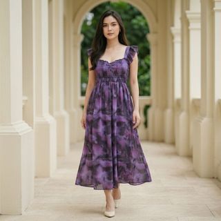 Layla Midi Dress Summer Daster Motif Wanita Cantik Nyaman Adem Elegan Smock Lingkar Dada Rayon Viscose Premium