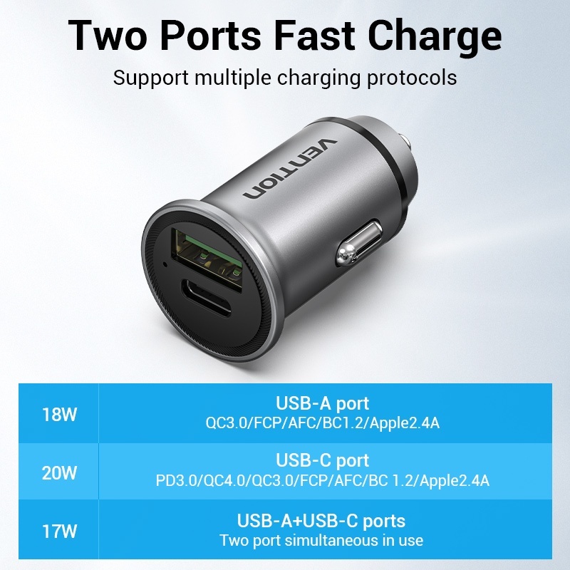 Vention ที่ชาร์จในรถยนต์ Dual USB A+C พร้อมการชาร์จเร็ว 30W
