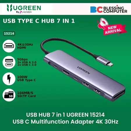 USB HUB 7 in 1 UGREEN 15214 อะแดปเตอร์มัลติฟังก์ชั่น USB C 4K 30Hz