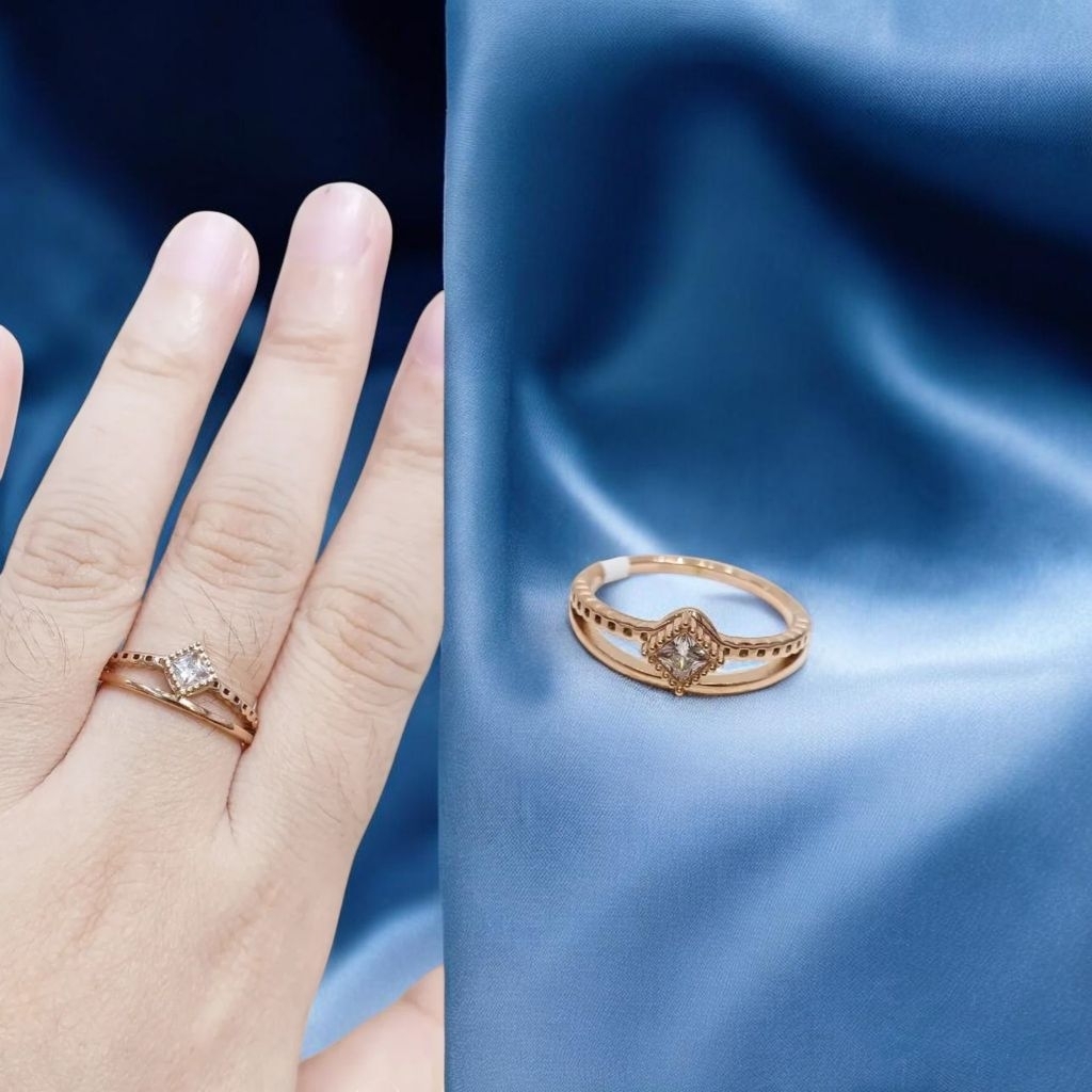 TITANIUM LAYER 2 DIAMOND CUBIC SQUARE RING/ROSEGOLD TITANIUM 2 ROW DIAMOND RING
