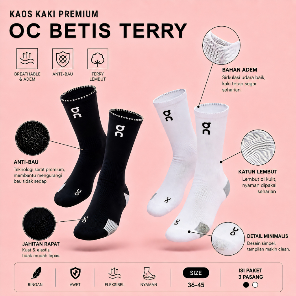 (3 PAIRS) UK35-45 OC OnCloud Unisex Cotton Terry Premium Anti-Hot Sport Socks